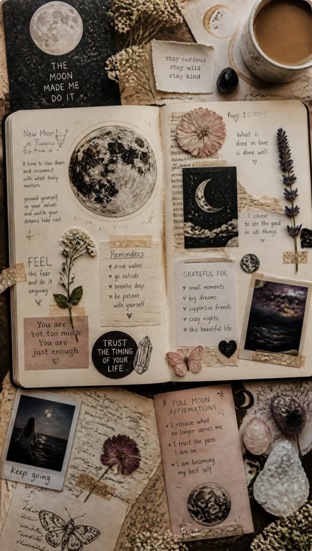 An open journal flat-lay with pressed flowers, moon cut-outs, and crystals