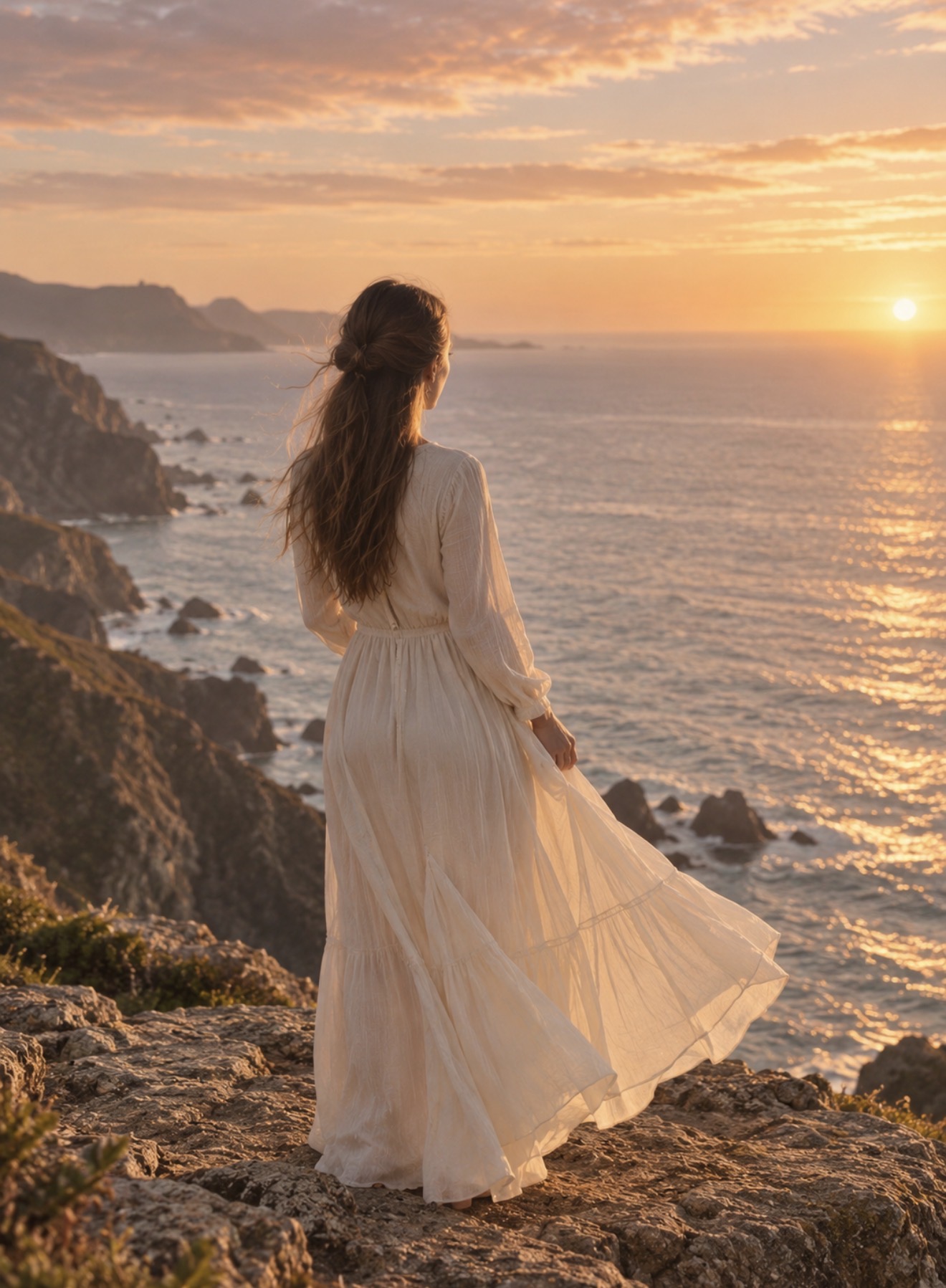 A woman overlooking the ocean at golden hour