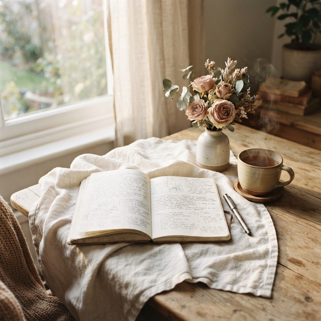 An open journal, dried flowers, and tea in warm sunlight