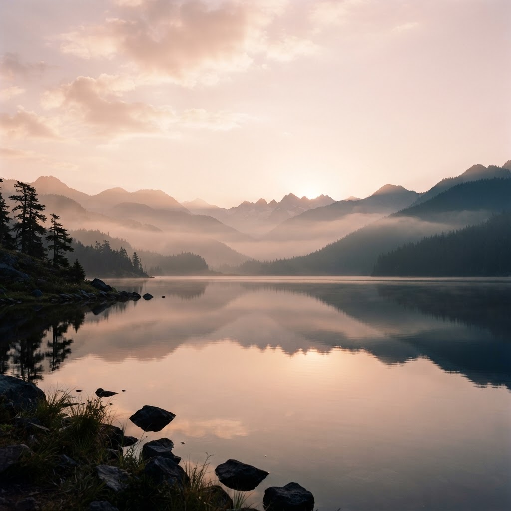 Misty mountains at sunrise above a calm lake