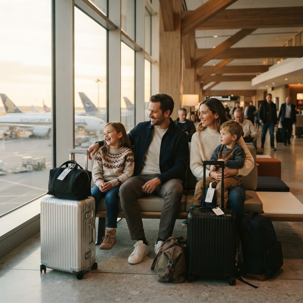 Family with luggage at airport departure lounge