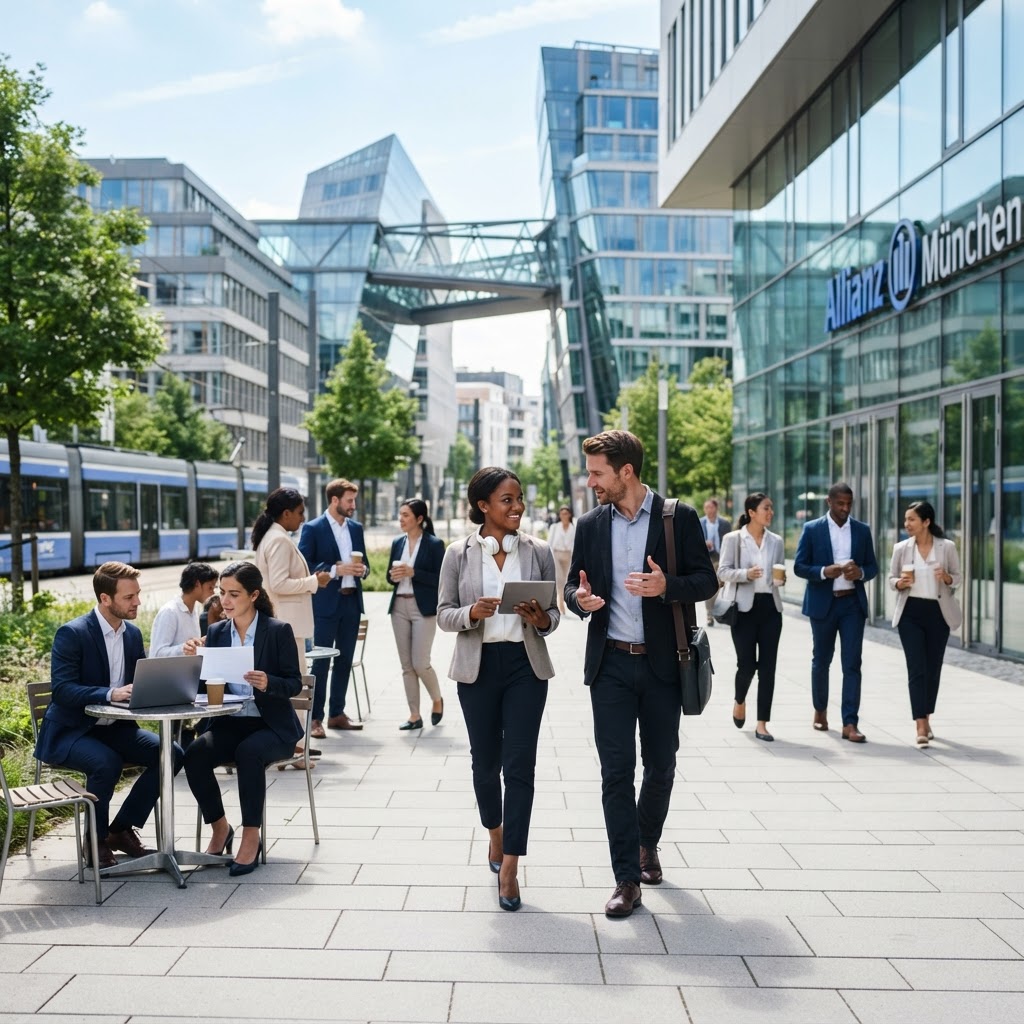 Modern German business district with diverse professionals