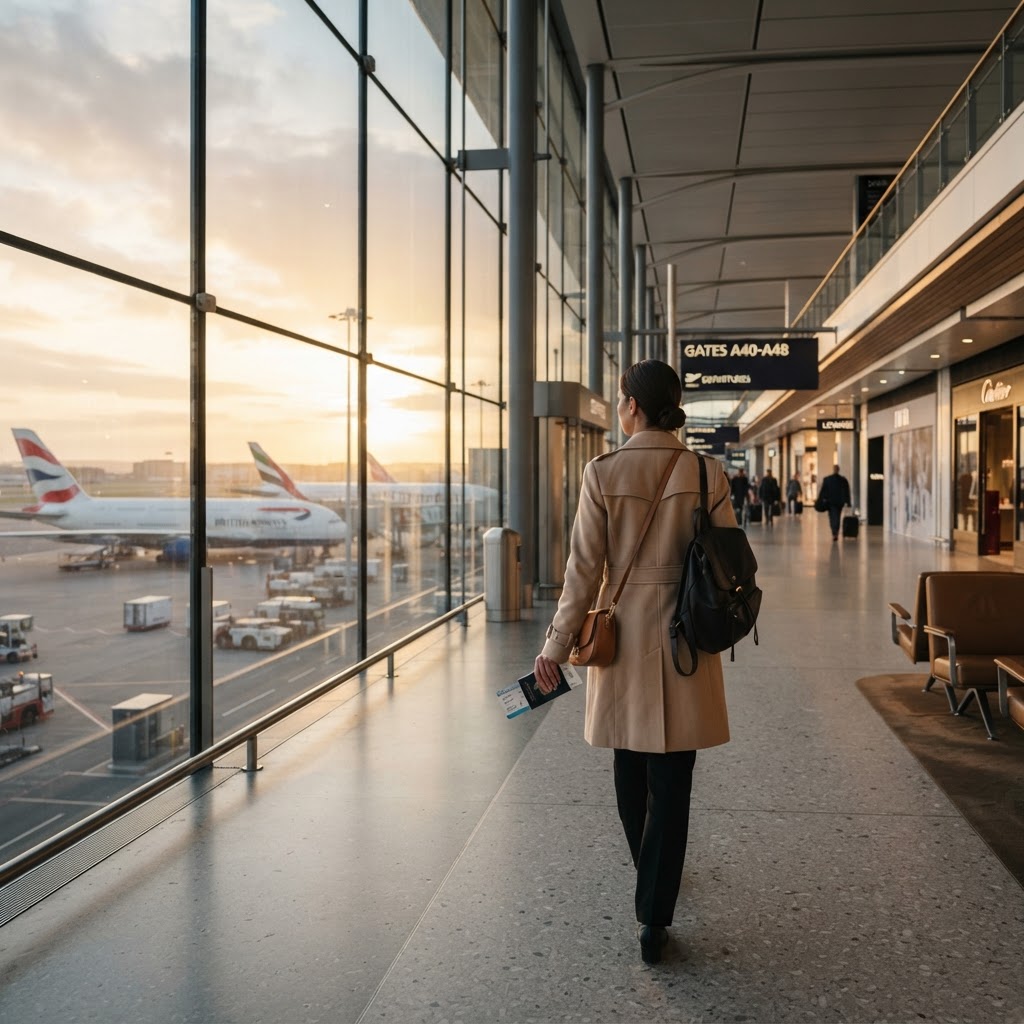 International airport terminal at golden hour
