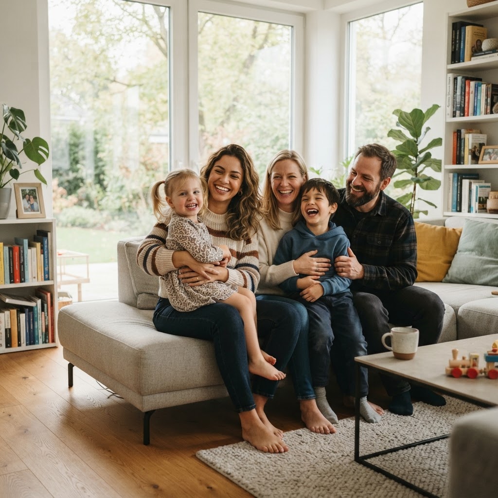 An international Au Pair smiling with a German host family and children in a bright modern home