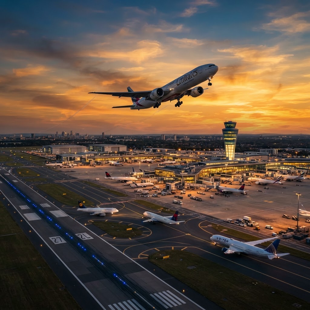Airport runway at dusk with commercial jets