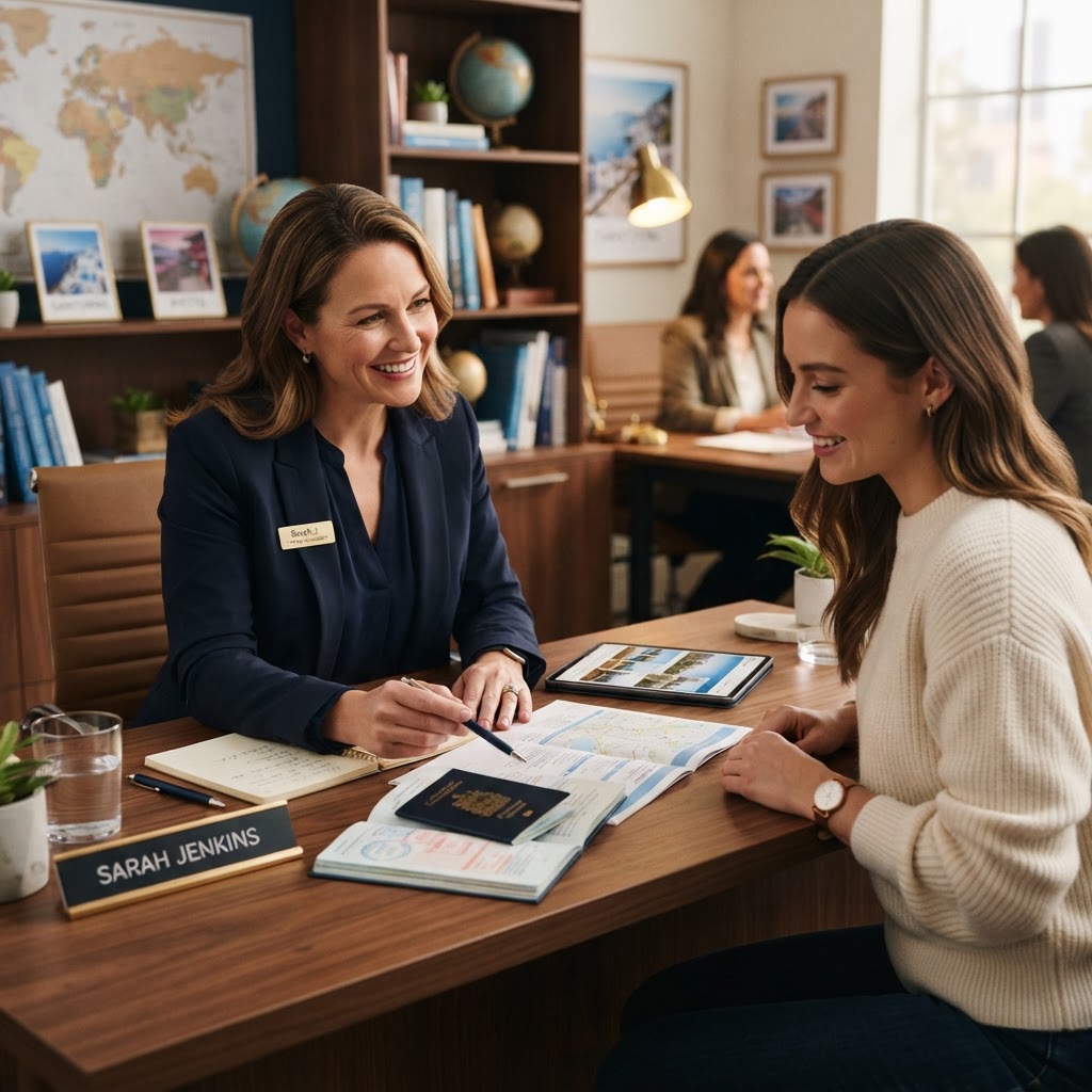 Travel consultant meeting with a client