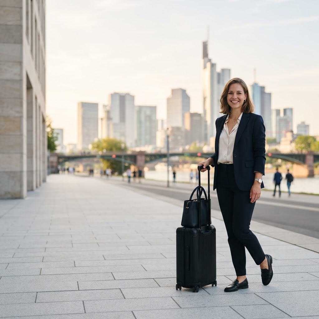 International professional arriving in a modern German city at sunrise