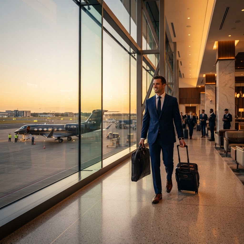 Business traveler walking through a premium airport terminal