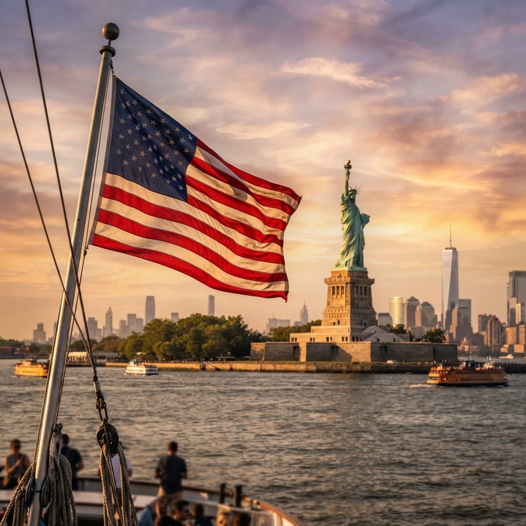 Statue of Liberty with the United States flag at golden hour