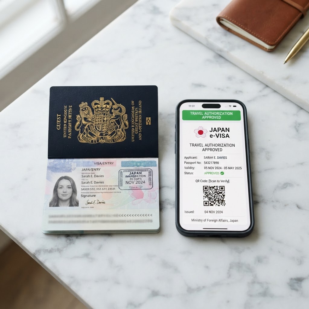 Passport and smartphone showing digital travel authorization