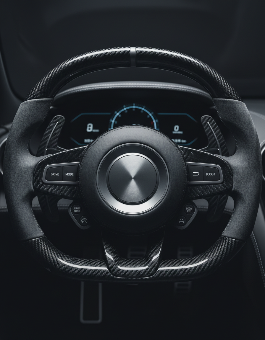 Hypercar steering wheel and interior close-up detail