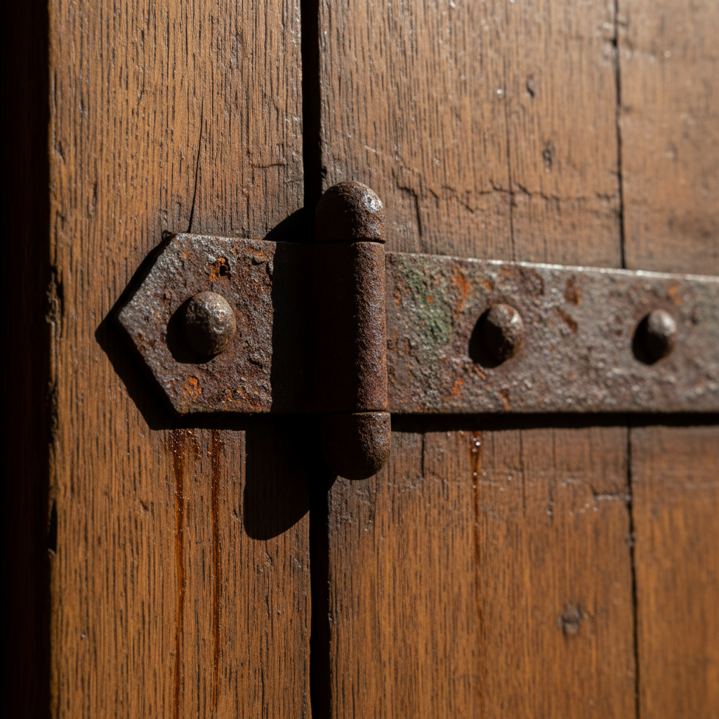Macro shot of weathered iron door hinges on thick oak door symbolizing property transformation