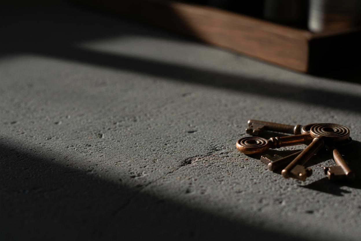 Brass keys resting on a raw concrete countertop symbolizing property handover and new beginnings