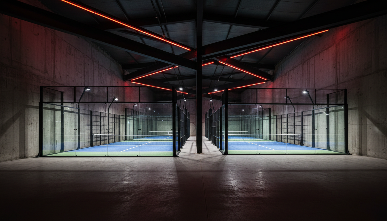 Industrial padel club exterior at night