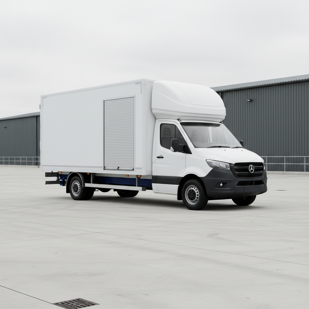 A van at an independent UK van hire company, seen through the site's navy blue tint