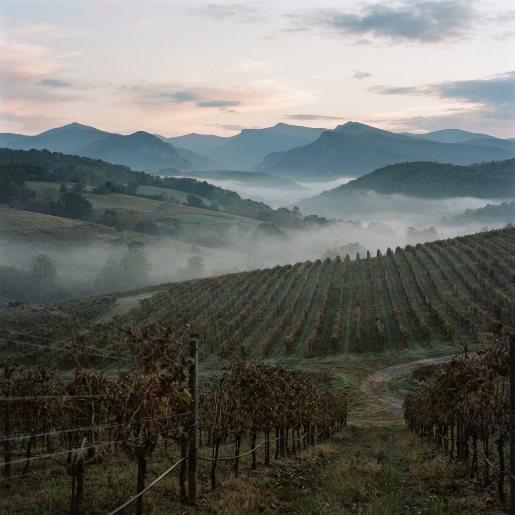 Misty vineyard rows with layered mountains in the background at dawn