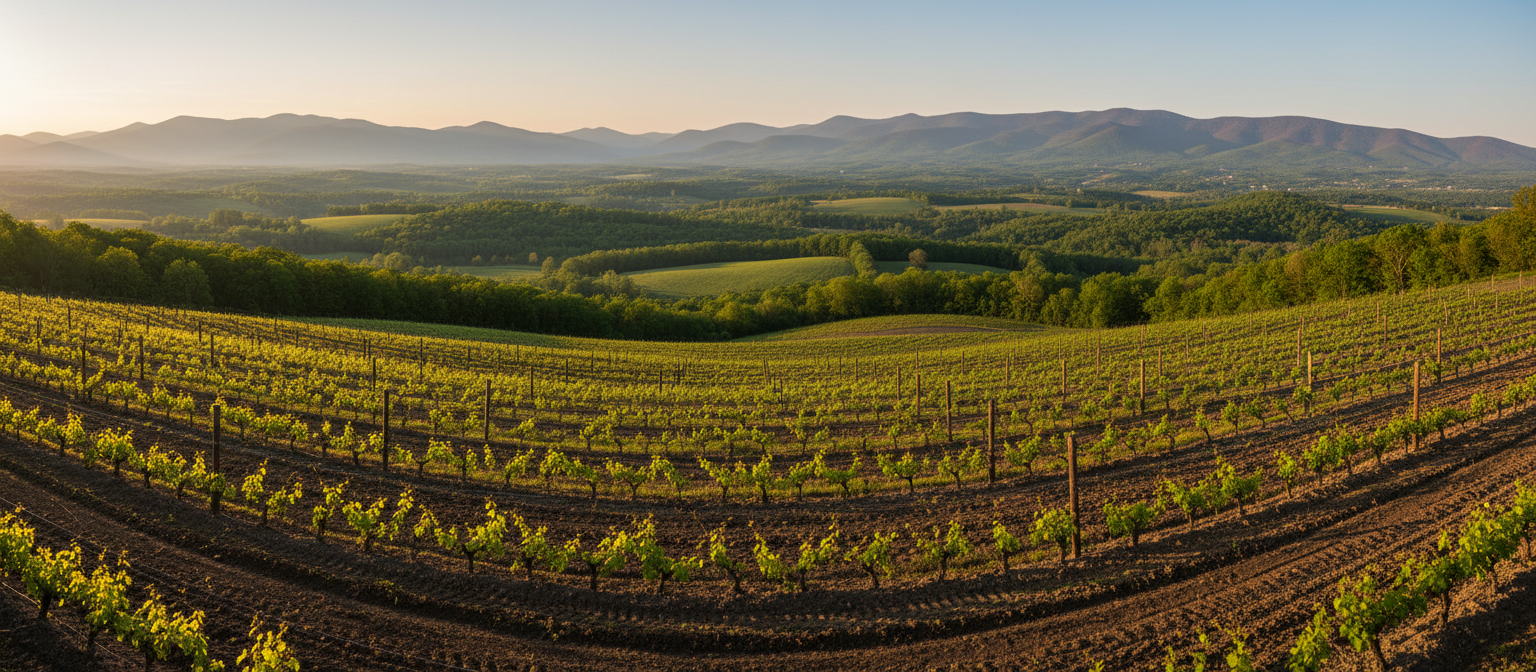 Vineyard rows with misty mountains in the background at golden hour