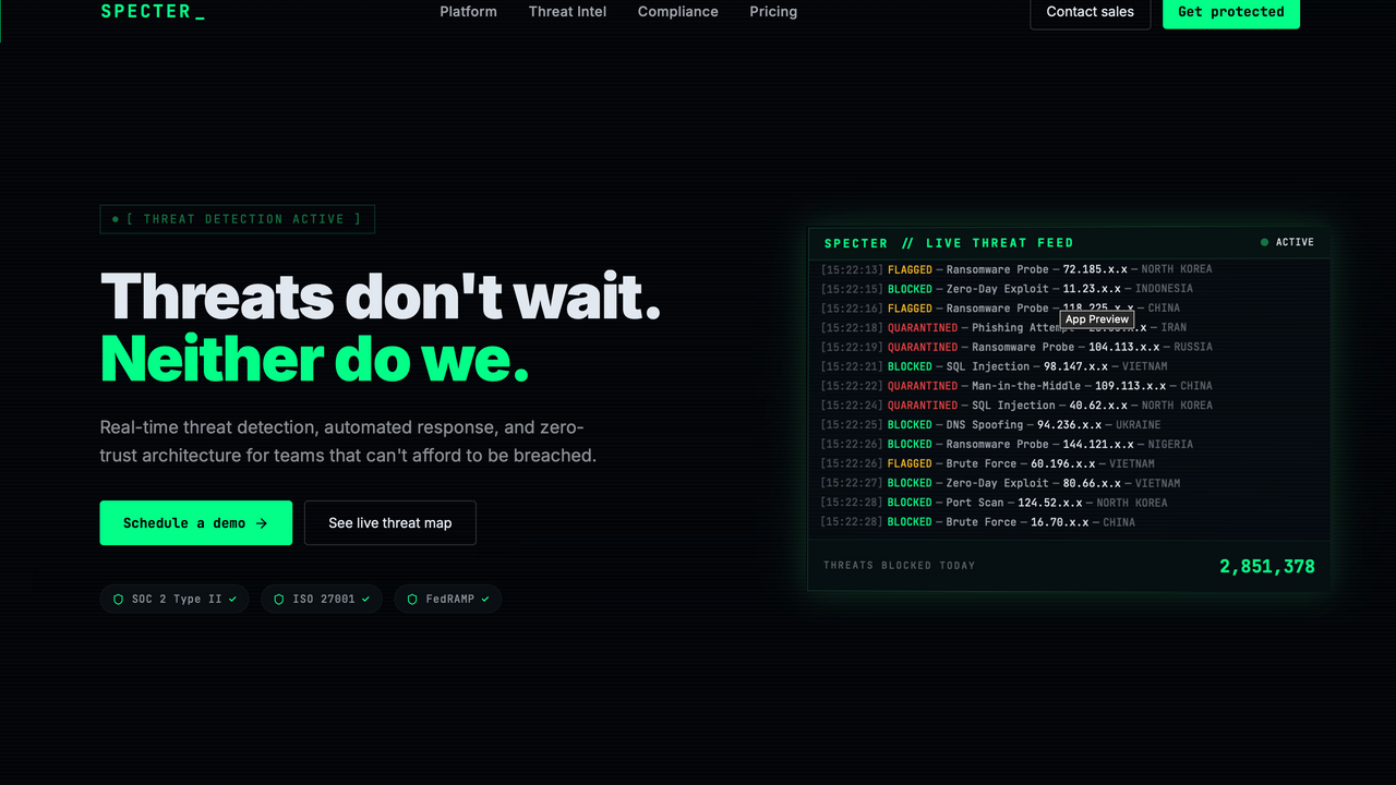 Specter — Cybersecurity Platform template preview