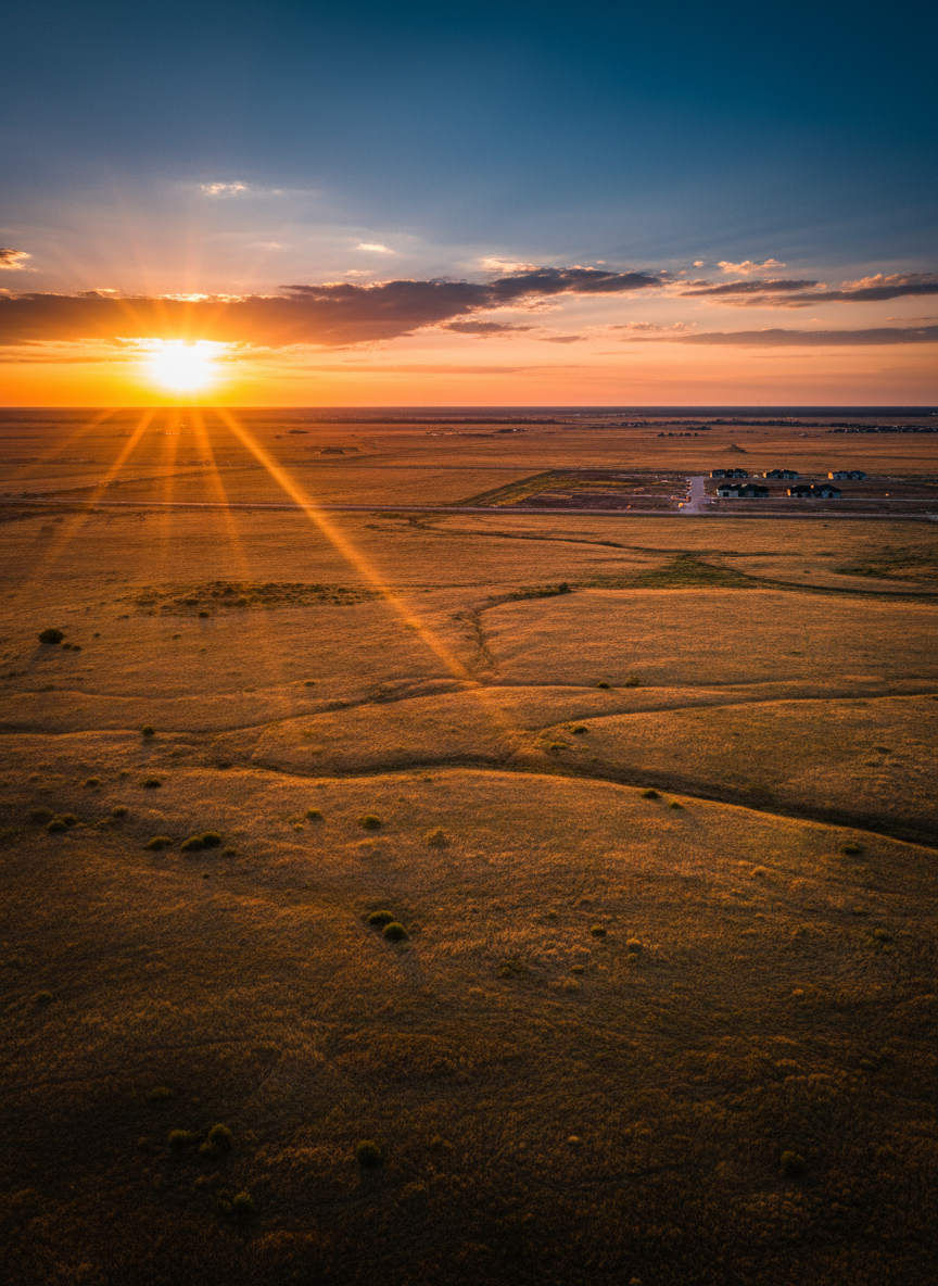 Aerial view of Texas terrain at golden hour
