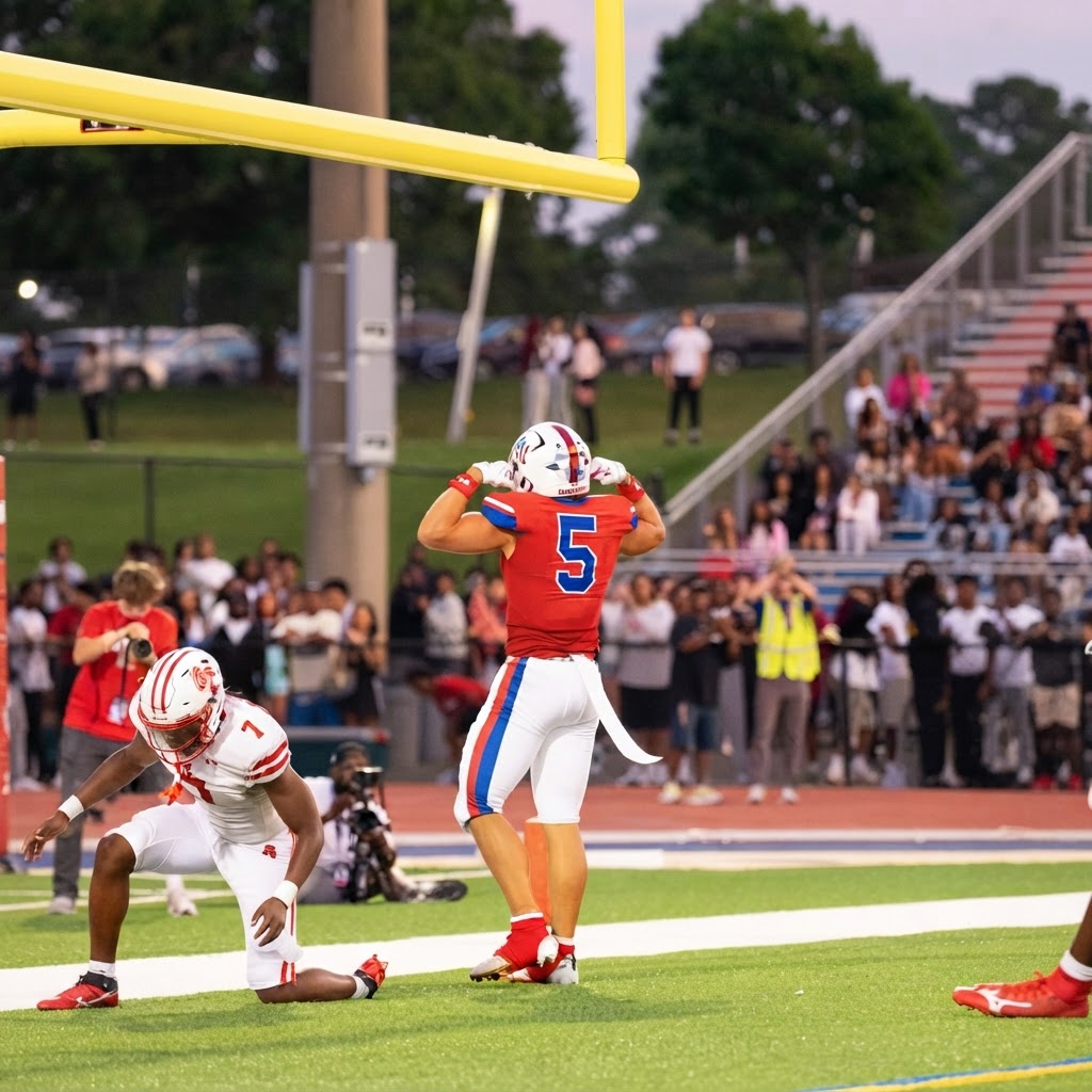 Austin Barber in the end zone showing the No. 5 on his DeMatha jersey