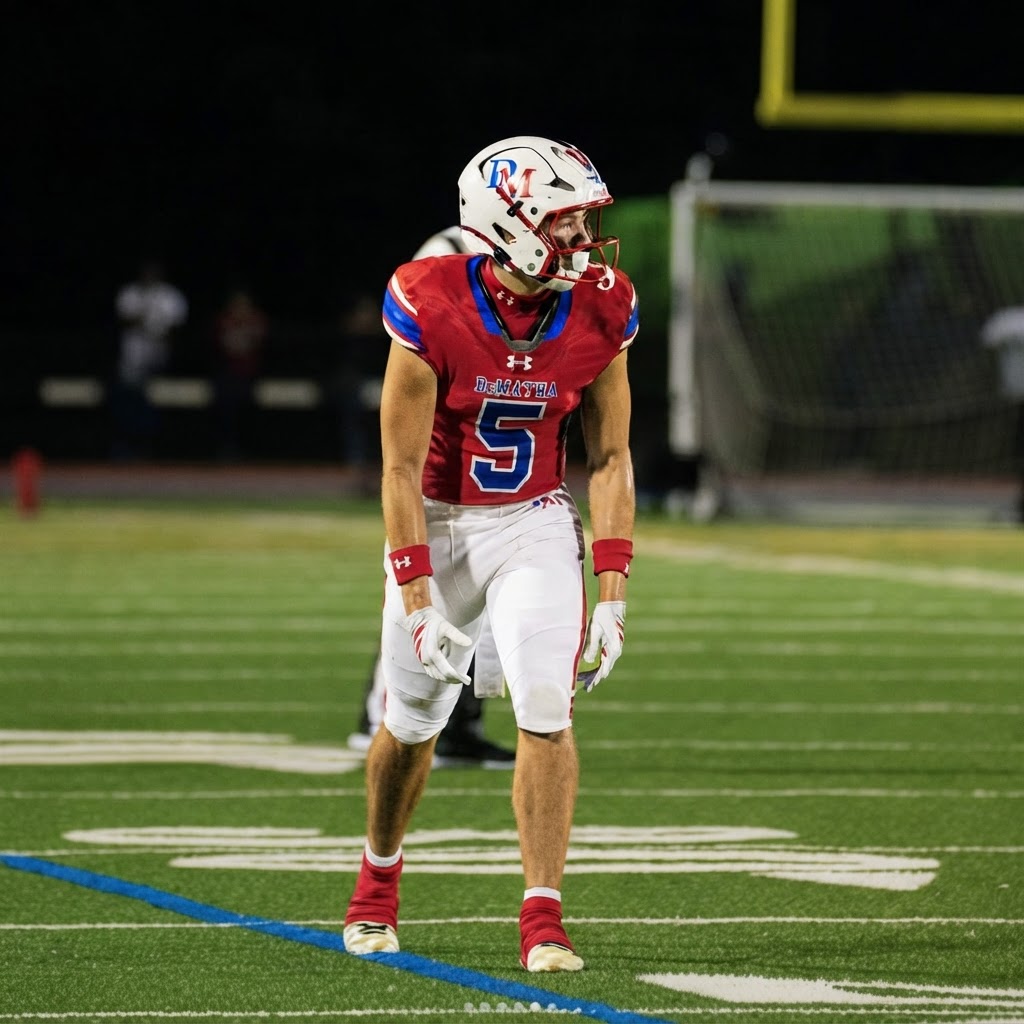Austin Barber in his pre-snap stance for DeMatha