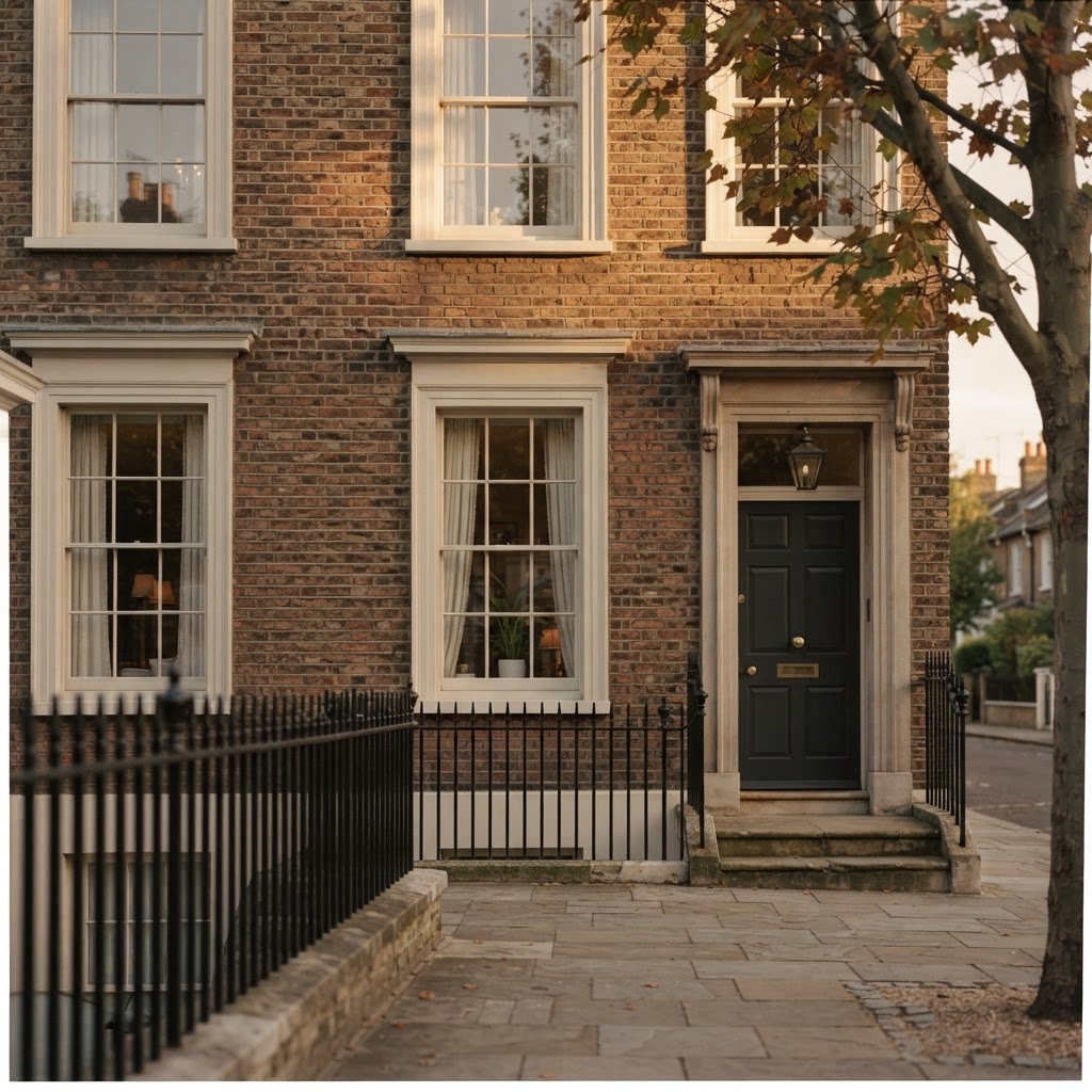 A brick townhouse facade in late afternoon light