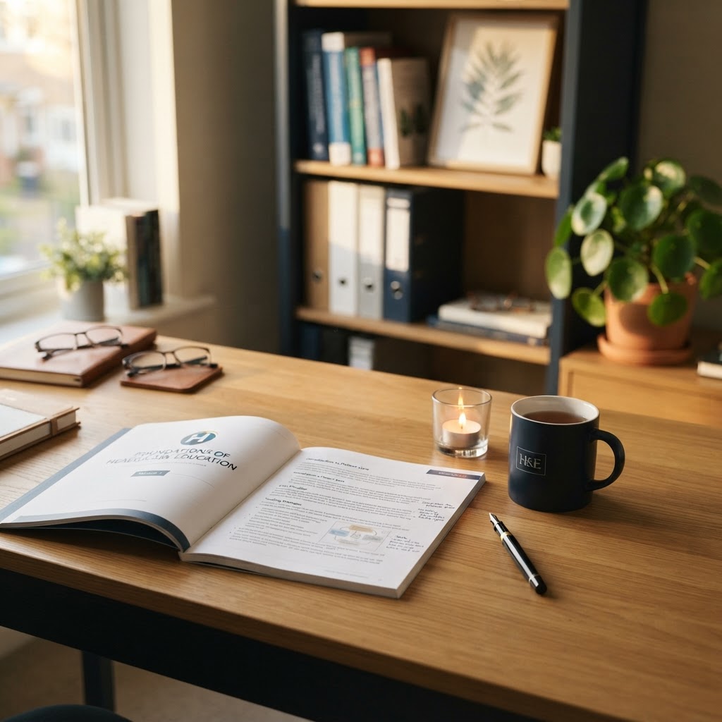 A branded PMH dementia care programme manual open on a desk beside a navy mug and candle in warm natural light