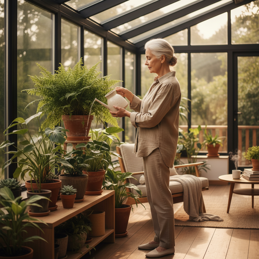 Elderly woman independently tending to plants in a bright conservatory with natural light, reflecting dignity and person-centred living