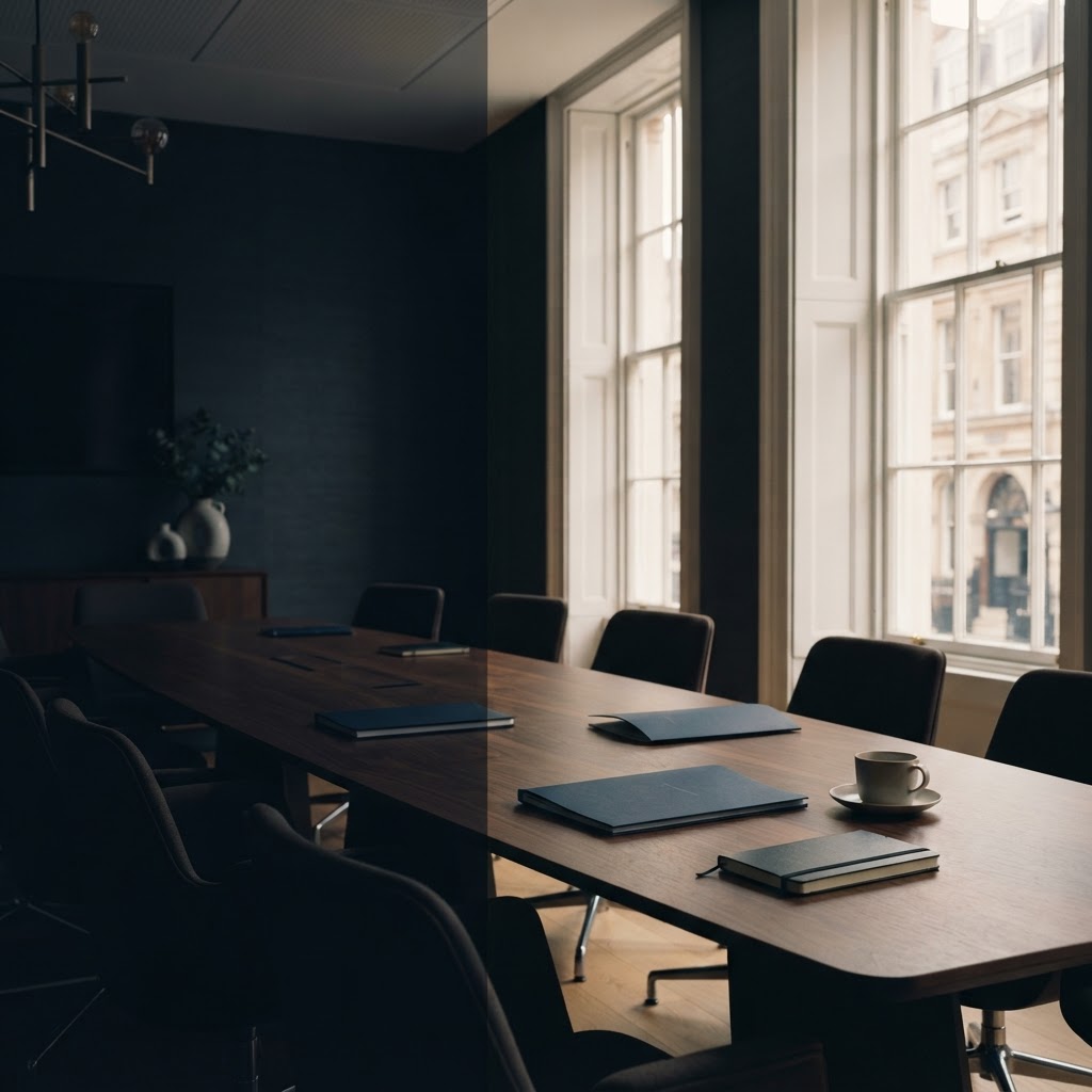Daylit consultancy boardroom with briefing documents arranged for a governance discussion