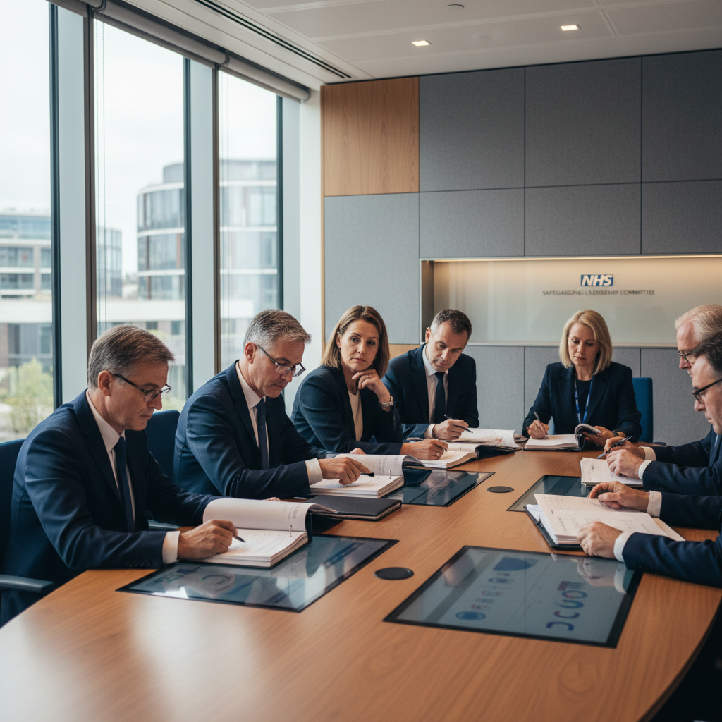Senior healthcare leaders in a contemporary boardroom engaging in strategic safeguarding governance discussion with natural light and professional documentation