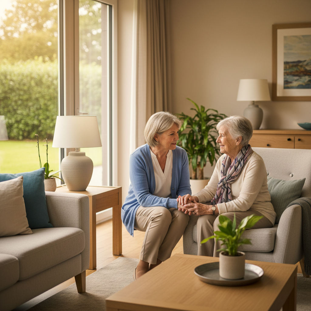 A warm, dignified scene of a care professional having a respectful conversation with an elderly person in a bright, contemporary living space with natural light