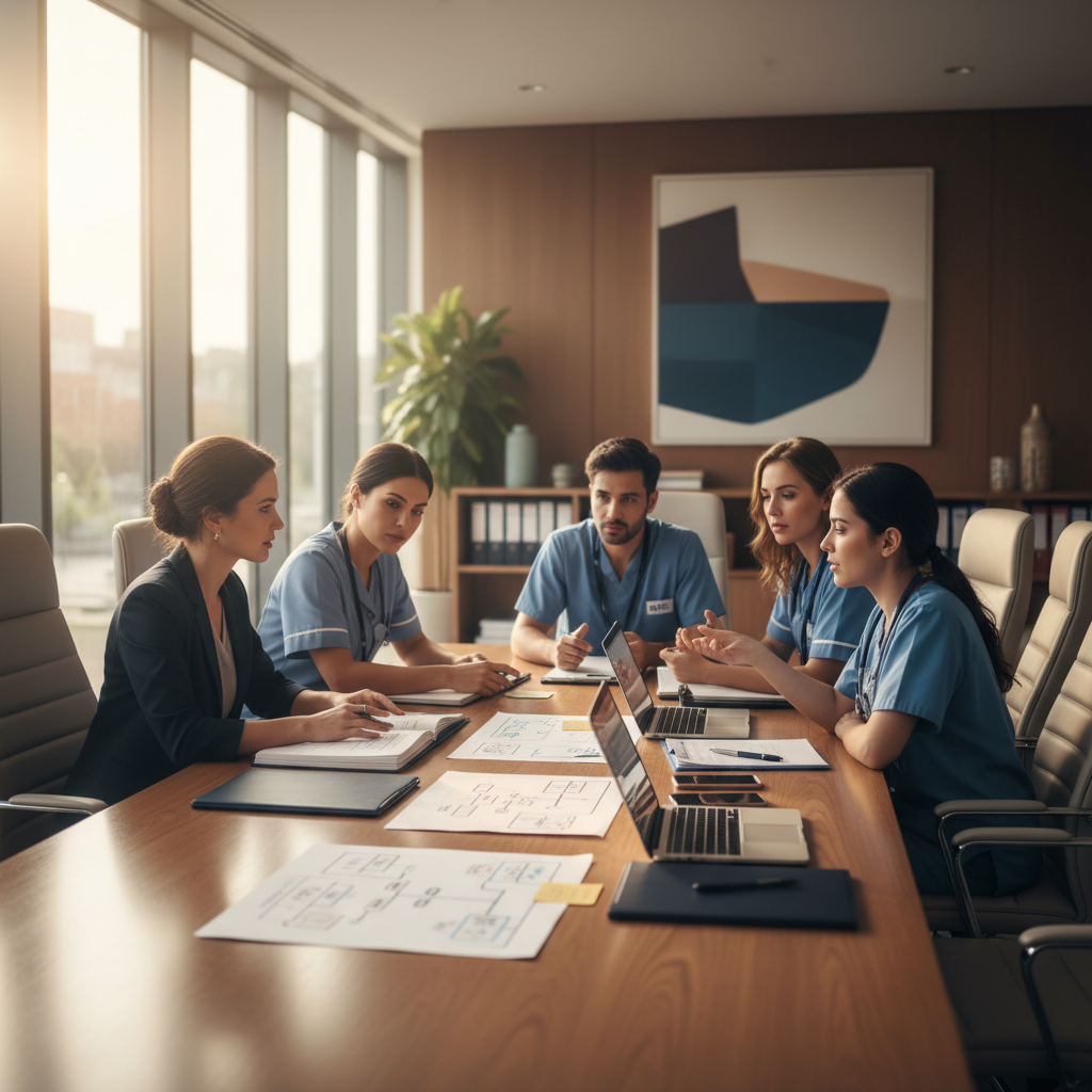 Multi-agency care coordination meeting in a modern NHS boardroom with professionals reviewing pathway diagrams and case files