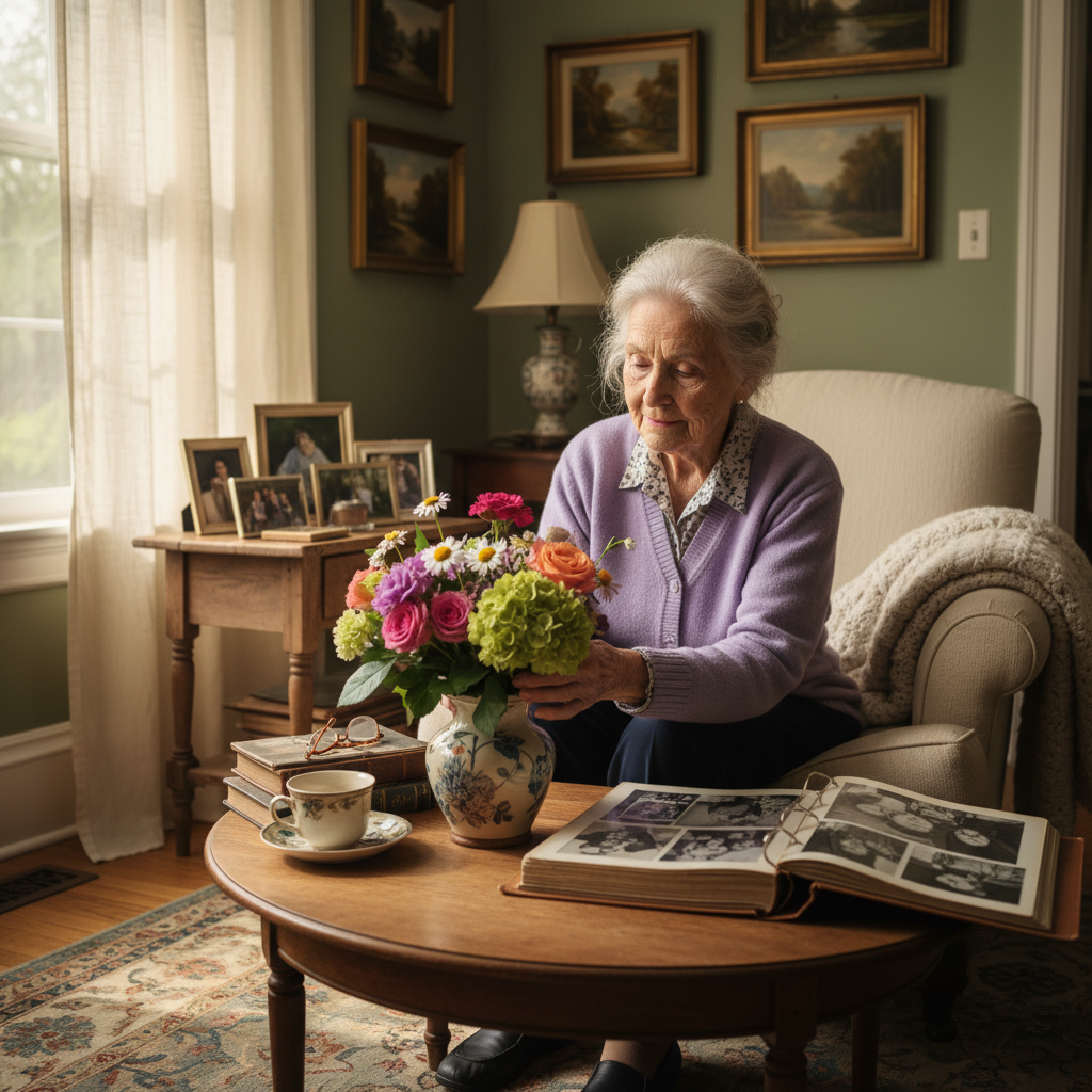 Elderly woman living with dementia engaged in a meaningful activity in a warm, personalised living environment with natural light and familiar objects