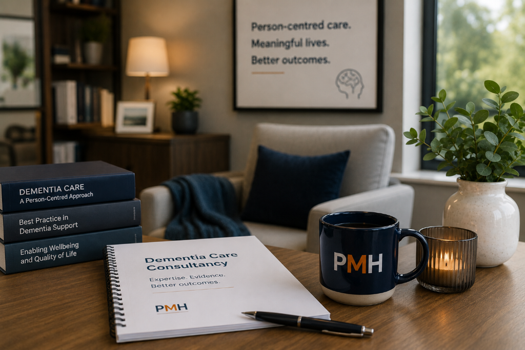 PMH dementia care consultancy resources, training materials and branded publications on a professional desk