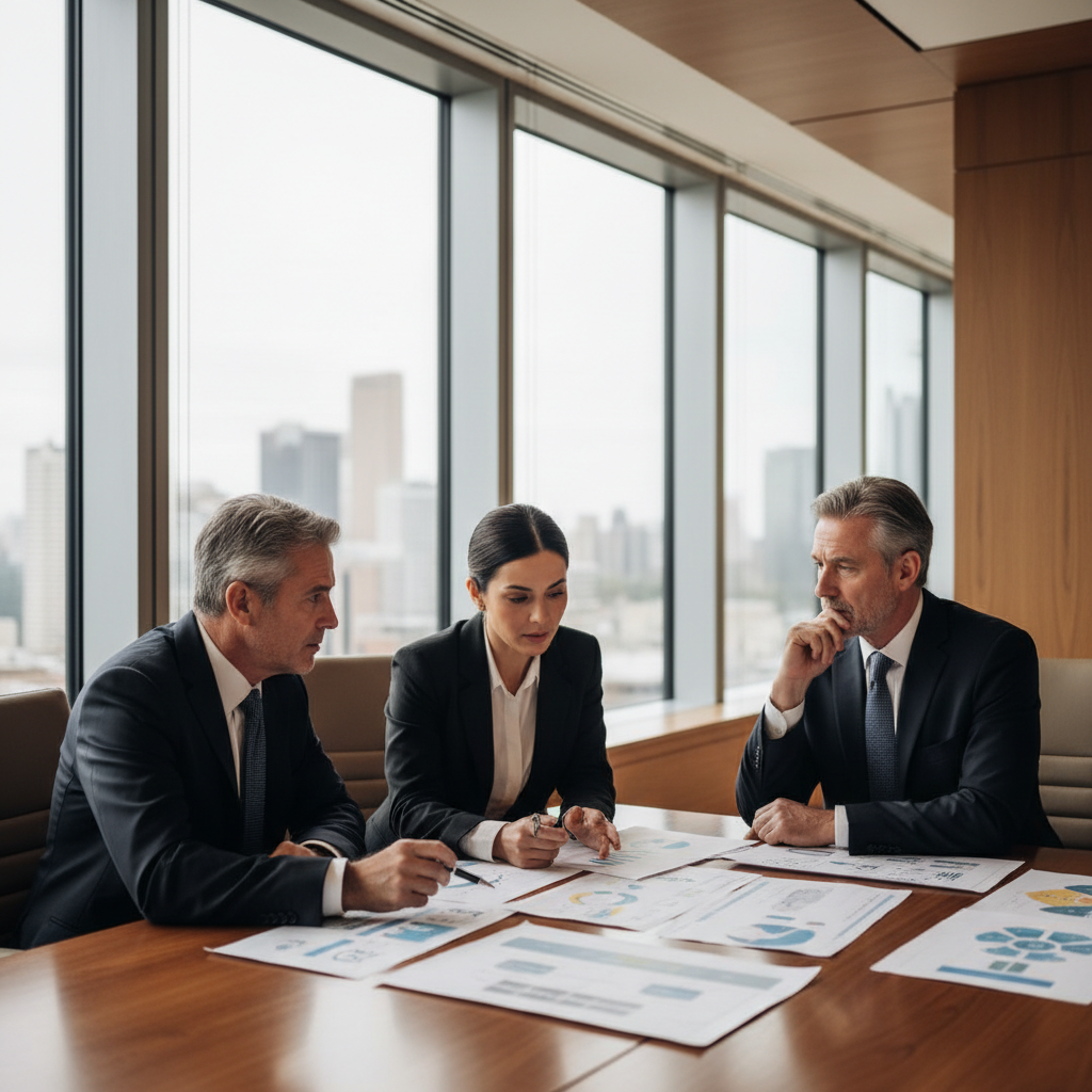 Senior healthcare leaders engaged in strategic planning in a modern boardroom with natural light, conveying systems thinking and collaborative leadership