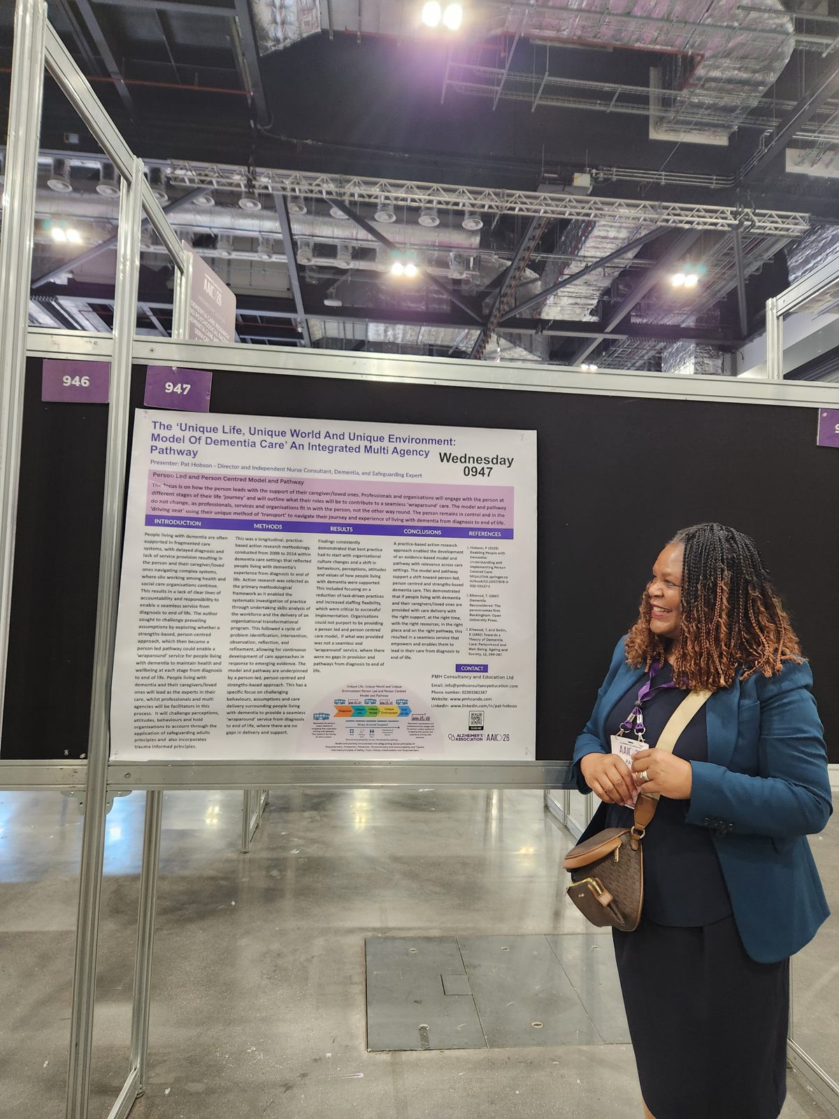 Pat Hobson beside her poster presentation at the Alzheimer's Association International Conference 2026