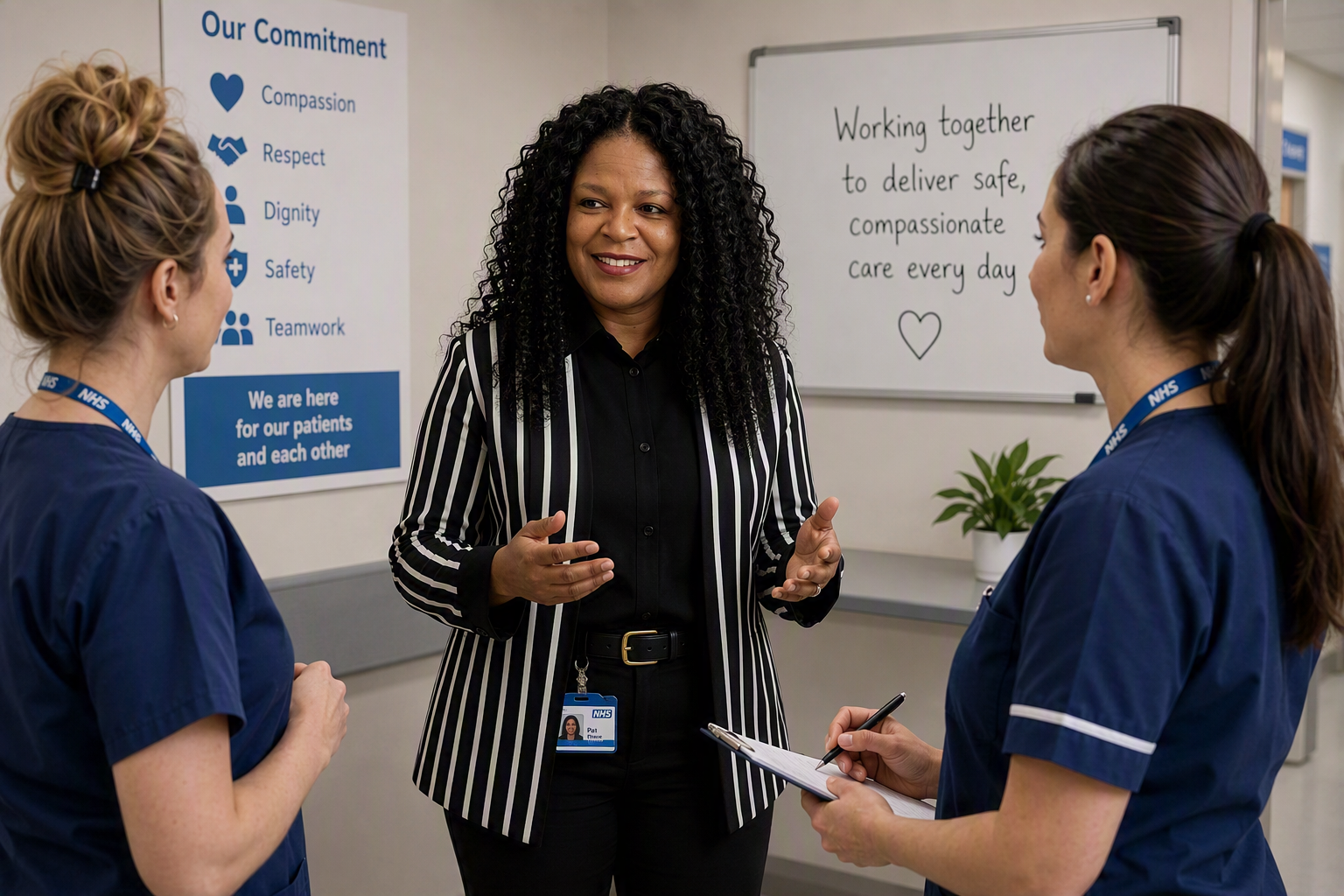 Pat Hobson in discussion with nursing staff about complex case coordination in a clinical setting
