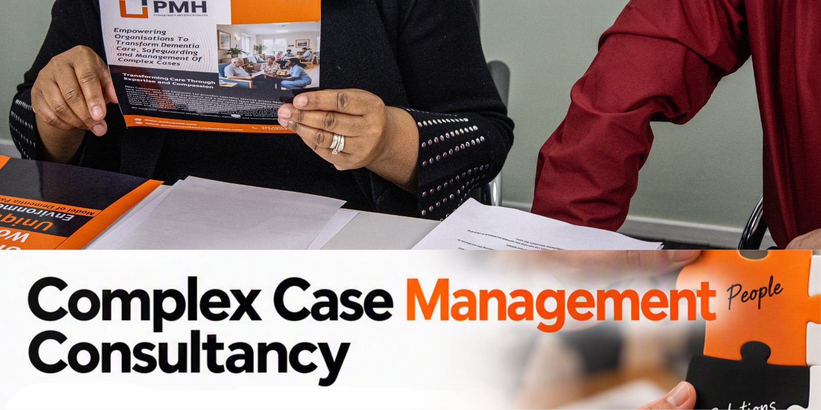 PMH directors reviewing a consultancy brochure beside the words Complex Case Management Consultancy