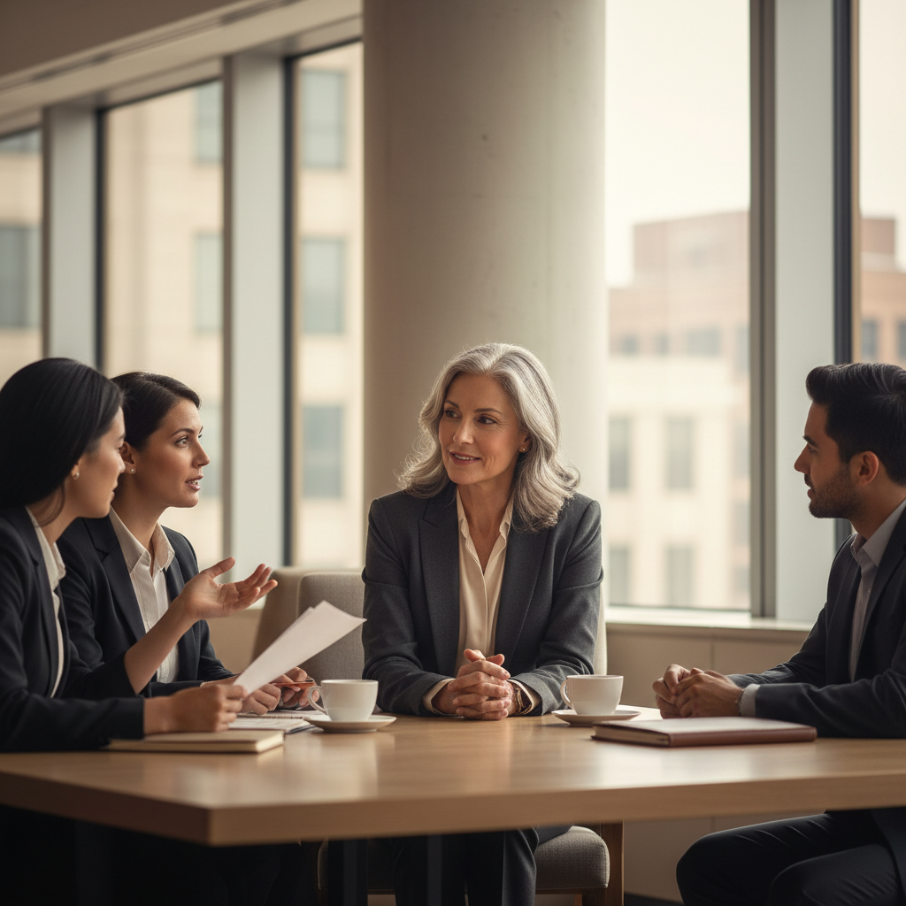 Senior health and social care leader engaged in thoughtful professional dialogue with team members in a modern meeting room with natural light