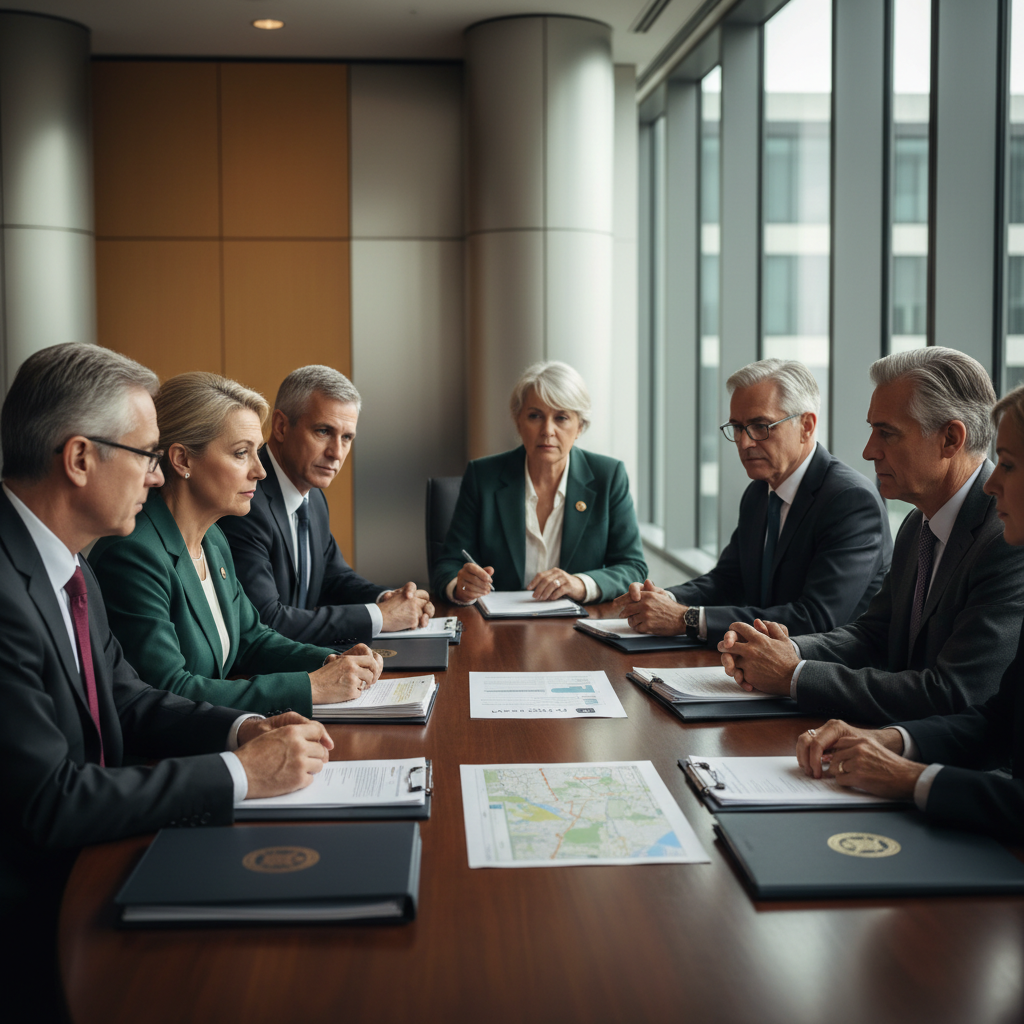 Senior professionals from health, social care and local authority agencies engaged in structured multi-agency safeguarding discussion in a modern meeting room