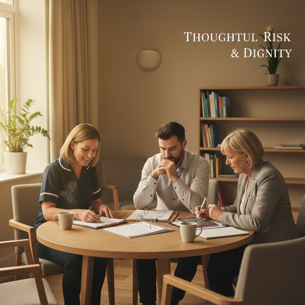 Healthcare professionals gathered around a table in a calm modern care home meeting room, reviewing care plans with genuine focus and professional collaboration, warm natural light