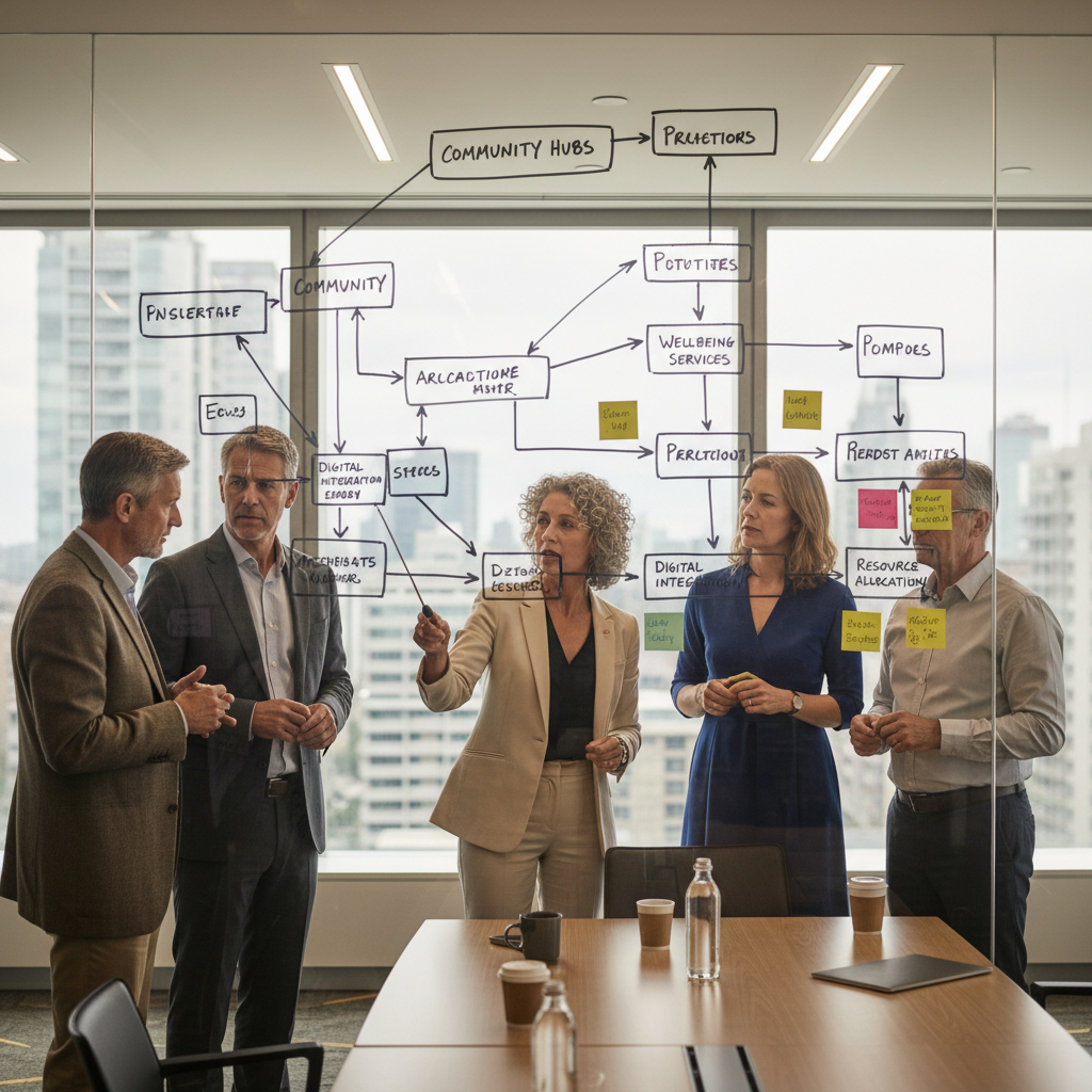 Senior professionals from health, social care and voluntary sectors engaged in strategic pathway planning in a modern conference room with natural light