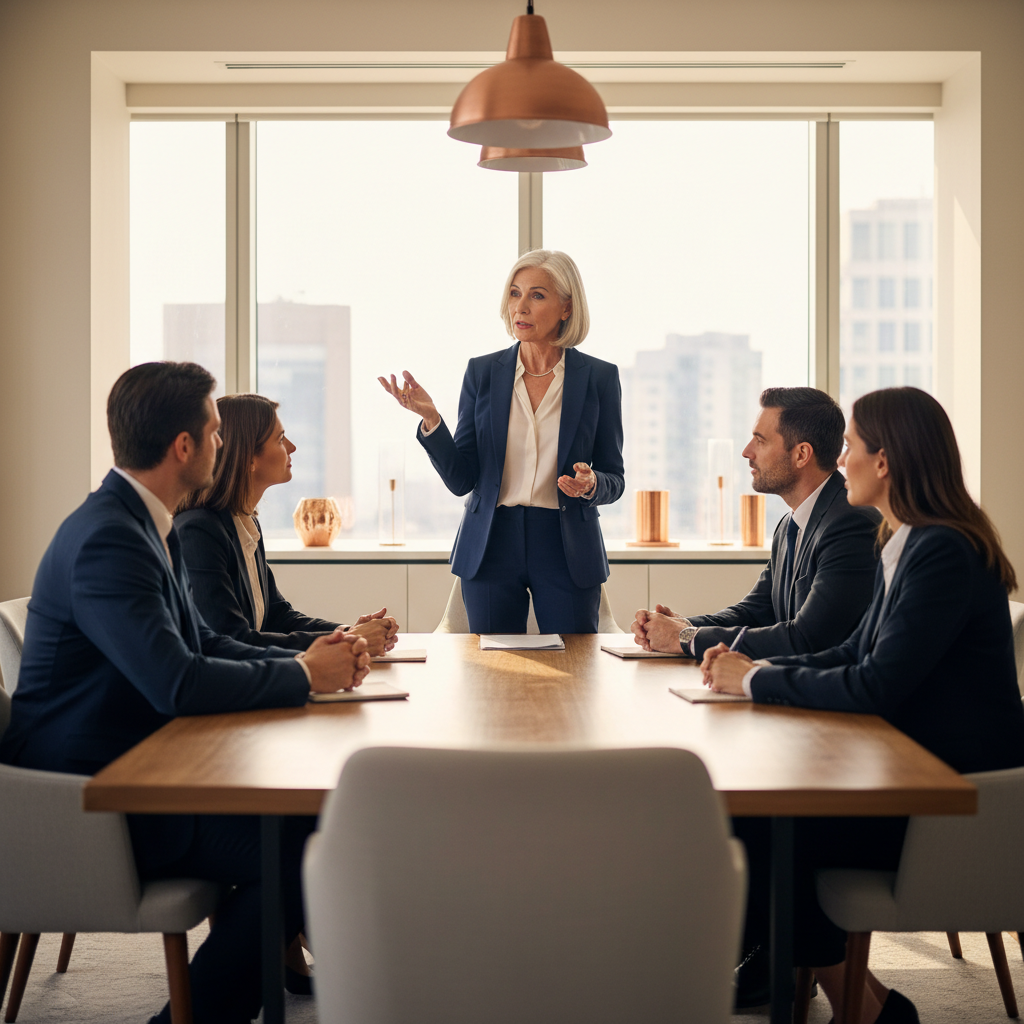 Senior health and social care leader confidently addressing professional colleagues in a modern boardroom with natural light