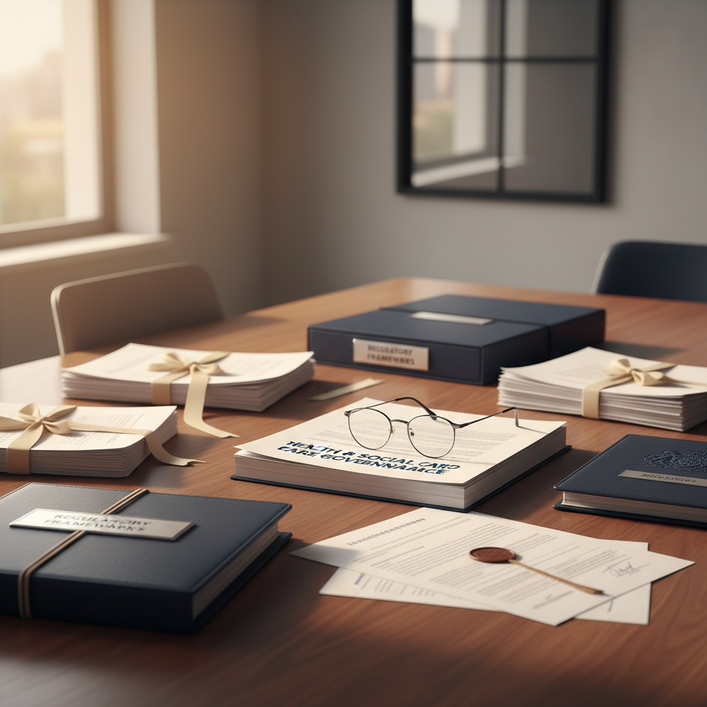 Legal documents and governance papers on a professional boardroom table representing health and social care safeguarding legislation
