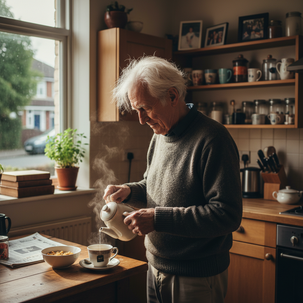 Elderly man independently making tea in his own home kitchen, demonstrating continued capability and the enabling approach to dementia care