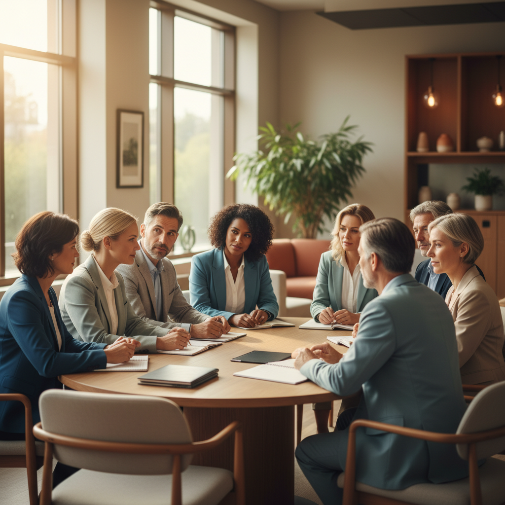 Diverse group of healthcare and social care professionals in thoughtful discussion in a modern community meeting space with natural light, conveying inclusive leadership and person-centred planning