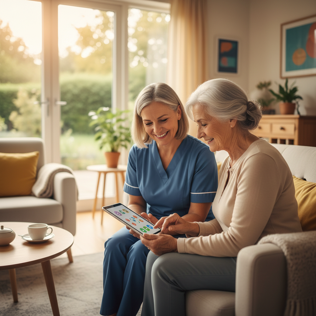 A care professional and elderly person engaging together with a tablet device in a warm, contemporary living space with natural light - conveying dignity, connection and purposeful innovation in dementia care
