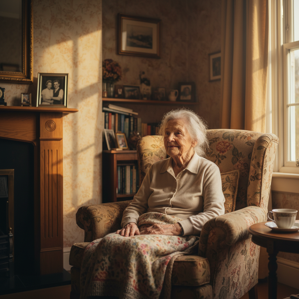 Elderly woman with dementia sitting contemplatively by a window in a warm home setting, conveying the emotional depth behind behavioural communication