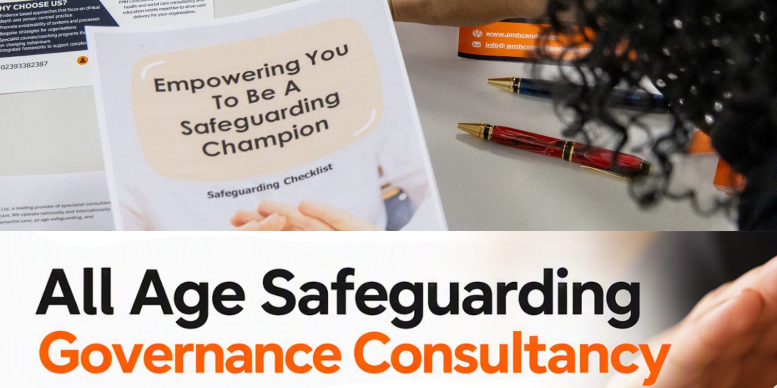 PMH safeguarding checklist on a desk beside the words All Age Safeguarding Governance Consultancy