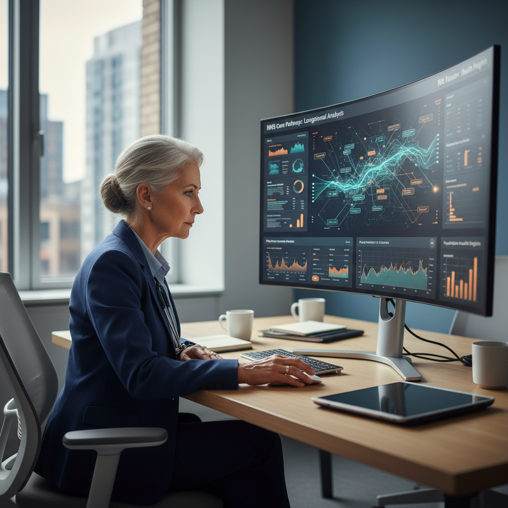 Senior health professional reviewing AI analytics dashboards and care pathway data visualisations in a modern NHS office with natural light